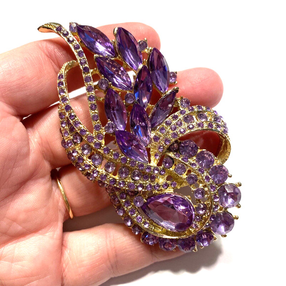 Runway Style Textured Gold Statement Brooch Covered in Light Purple Rhinestones - Picture 8 of 8